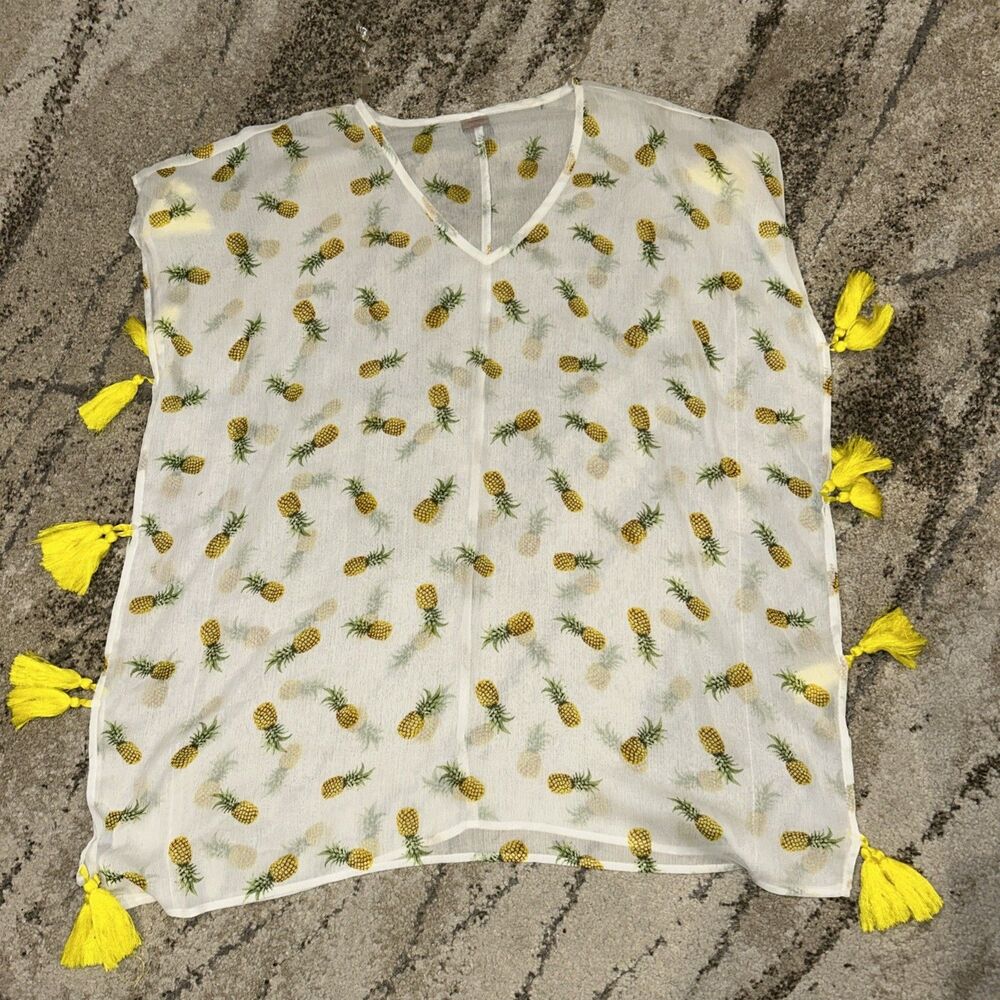 Xhilaration V-Neck Women's Coverup Tunic Yellow Tassel Pineapple Print small
